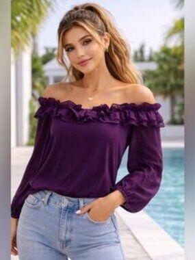 PerSeption Concept Ruffled Off-Shoulder Purple Blouse Size Small NWT